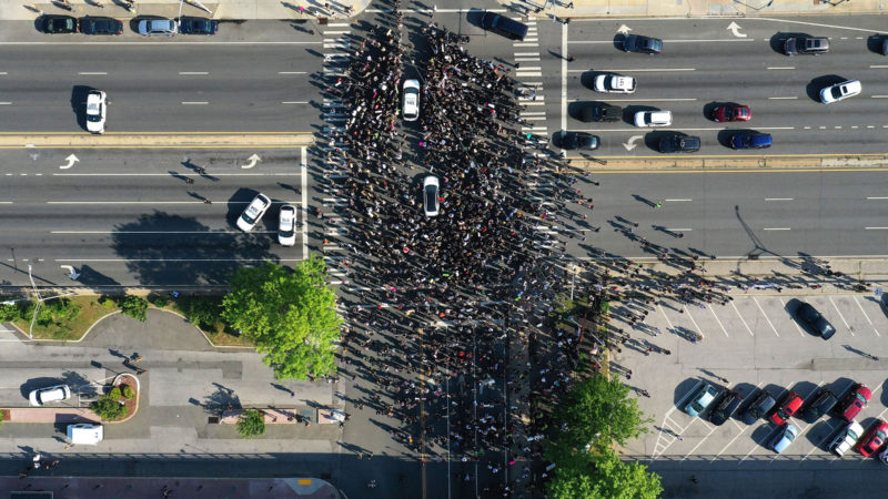 An aerial view of protesters marching on June 04, 2020 in Merrick, New York. Minneapolis Police officer Derek Chauvin was filmed kneeling on George Floyd's neck. Floyd was later pronounced dead at a local hospital. Across the country, Floyd's death has set off days and nights of protests as its the most recent in a series of deaths of black Americans by the police.   photo/RSS