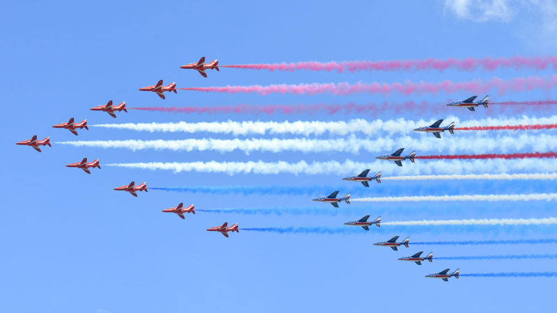 The Royal Air Force Aerobatic Team, the Red Arrows, and the French Air Force Aerobatic Team, La Patrouille de France, peform a fly-past in London on June 18, 2020 to mark the anniversary of former French president Charles de Gaulle's appeal to French people to resist the Nazi occupation during WWII. - French President Emmanuel Macron visited London on June 18 to commemorate the 80th anniversary of former French president Charles de Gaulle's appeal to French people to resist the Nazi occupation during World War II. (Photo/RSS)