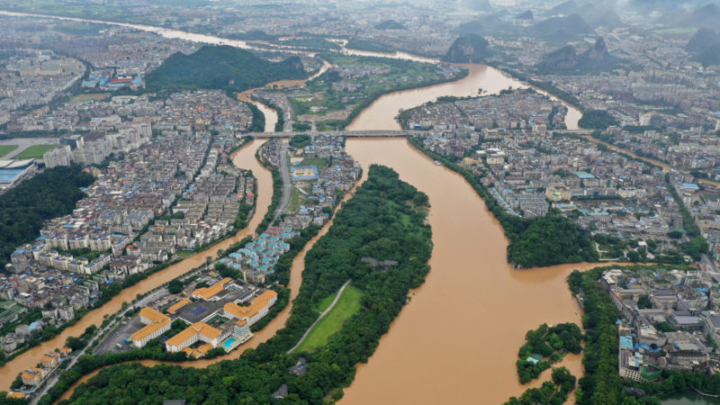 Aerial photo taken on June 9, 2020 shows a view of Guilin City in south China's Guangxi Zhuang Autonomous Region.   Due to continuous torrential rain, the Lijiang River witnessed a flood peak Tuesday noon, with the highest water level reaching 146.49 meters, 0.49 meters above the warning line. (Photo/RSS)