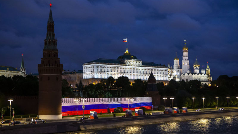 Russian national flag is projected on the Kremlin wall to celebrate Russia day in Moscow, Russia, on June 12, 2020. (Photo/RSS)