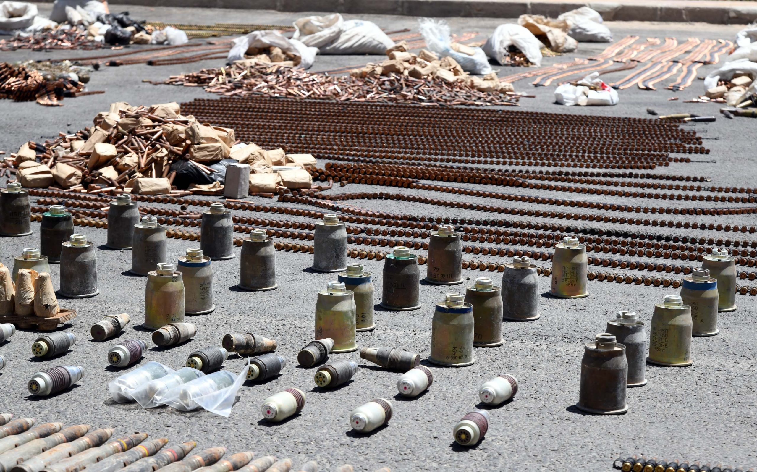Confiscated weapons are shown in a military base in Damascus, Syria, June 1, 2020. The Syrian army confiscated large quantities of weapons from formerly rebel-held areas in southern Syria, according to state news agency SANA. (Photo/RSS)