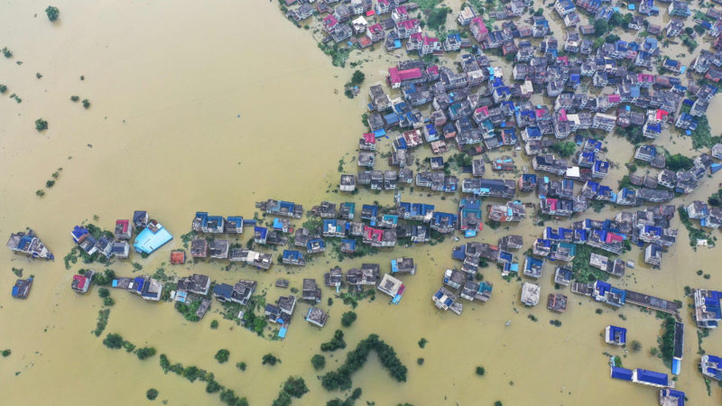 This aerial photo taken on July 15, 2020 shows a flooded area near the Poyang Lake due to torrential rains in Poyang county, Shangrao city in China's central Jiangxi province. - The vast Yangtze drainage area has been lashed by torrential rains since last month, leaving 141 people dead or missing and forcing the evacuation of millions more across several provinces. Photo / RSS