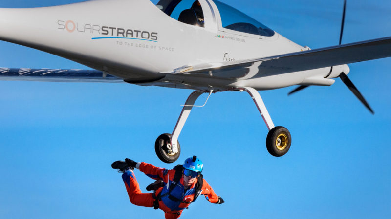 Initiator of sun-powered stratospheric SolarStratos plane project Raphael Domjan jumps during a successful world record attempt by jumping with a parachute from a solar-powered plane on August 25, 2020 in Payerne, western Switzerland. - The SolarStratos, a sleek, white, two-seater aircraft with long wings, covered with 22 square metres (237 square feet) of solar panels is set to become the first manned solar plane to make a stratospheric flight, according to Raphael Domjan, who is behind the project. (Photo / RSS)