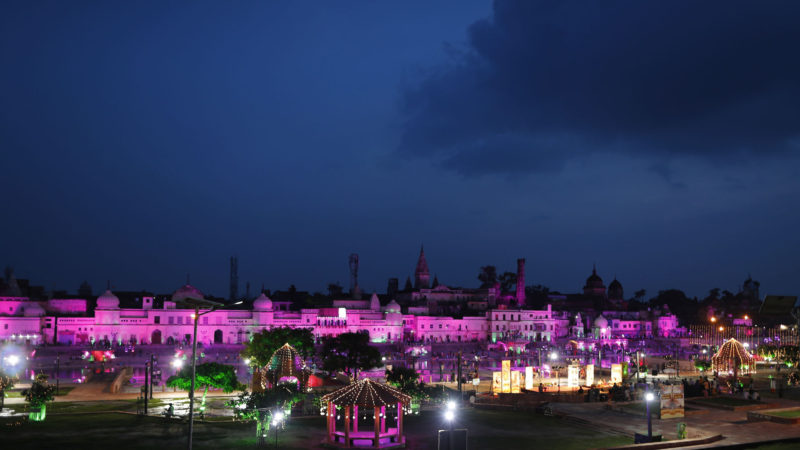 Illuminated city of Ayodhya is seen ahead of the groundbreaking ceremony of a temple to the Hindu god Ram in Ayodhya, in the Indian state of Uttar Pradesh, Monday, Aug. 3, 2020. As Hindus prepare to celebrate the groundbreaking of a long-awaited temple at a disputed ground in northern India, Muslims say they have no firm plans yet to build a new mosque at an alternative site they were granted to replace the one torn down by Hindu hard-liners decades ago. (AP Photo/RSS)