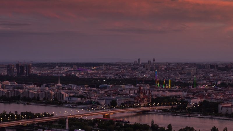 Photo taken on Aug. 27, 2020 shows the city view in sunset glow in Vienna, Austria.