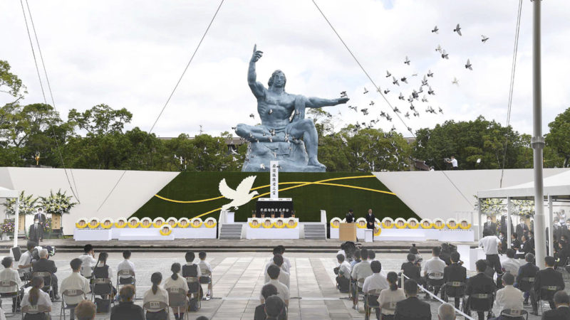 Doves fly over the Statue of Peace during a ceremony at Nagasaki Peace Park in Nagasaki, southern Japan, Sunday, Aug. 9, 2020, to mark the 75th anniversary of the world's second atomic bomb attack. (Photo/RSS)