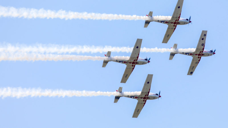 Aerobatic team Storm Wings performs during a commemorative ceremony for pilot Rudolf Perisin in Gornja Stubica, Croatia, on Sept. 13, 2020. (Borna/RSS)