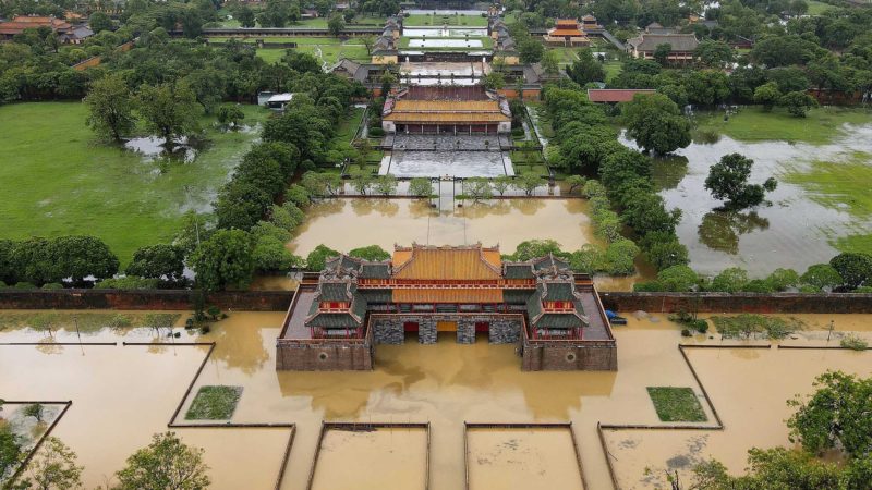 An aerial picture shows the Imperial City of Hue, submerged in floodwaters caused by heavy downpours in central Vietnam, in Hue on October 12, 2020. (Photo by Hoang Anh / AFP)