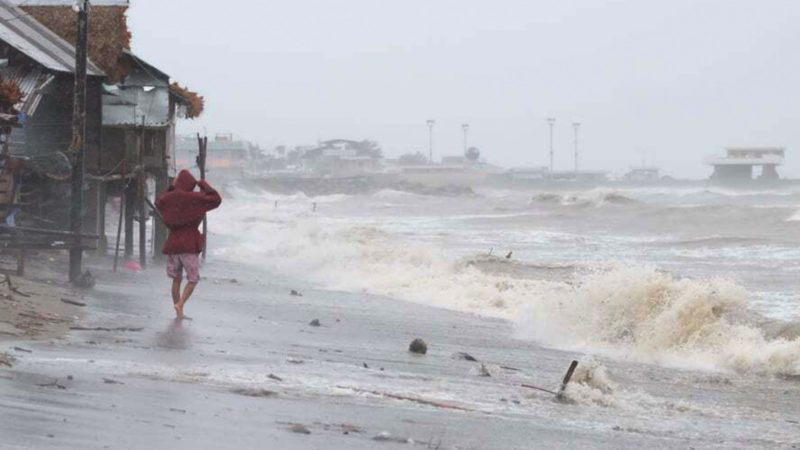 Strong waves batter the coast of Sorsogon province, central Philippines as a typhoon locally known as Goni hits the country on Sunday Nov. 1, 2020. The super typhoon slammed into the eastern Philippines with ferocious winds early Sunday and about a million people have been evacuated in its projected path, including in the capital where the main international airport was ordered closed. (AP Photo)