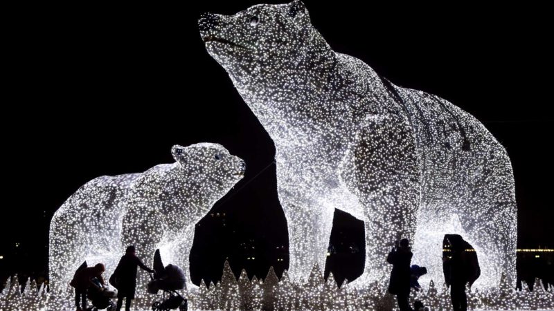 (201229) -- MOSCOW, Dec. 29, 2020 (Xinhua) -- People look at illuminated installations for the upcoming New Year and Orthodox Christmas holidays in Moscow, Russia, on Dec. 29, 2020. (Photo by Alexander Zemlianichenko Jr/Xinhua)