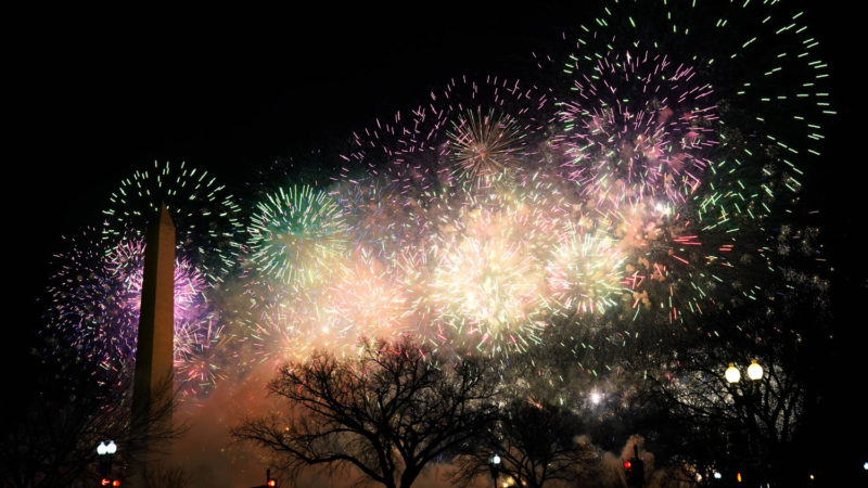 The Washington Monument stands in front of an Inauguration Day fireworks display on January 20, 2021 in Washington, DC. Law enforcement and state officials are on high alert for potentially violent protests as Joe Biden is sworn in as the 46th president of the United States at today's inauguration ceremony.   