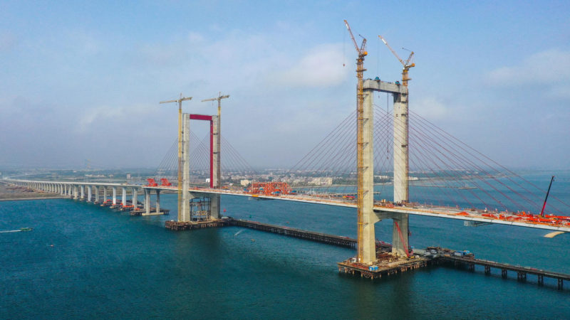 Aerial photo taken on Jan. 25, 2021 shows the Tiaoshun Bridge after its closure in Zhanjiang City, south China's Guangdong Province. The 9.36-kilometer Tiaoshun Bridge, linking Tiaoshun Island and Haidong New Area in Zhanjiang City, finished its final stage for closure on Monday. (Xinhua/RSS)