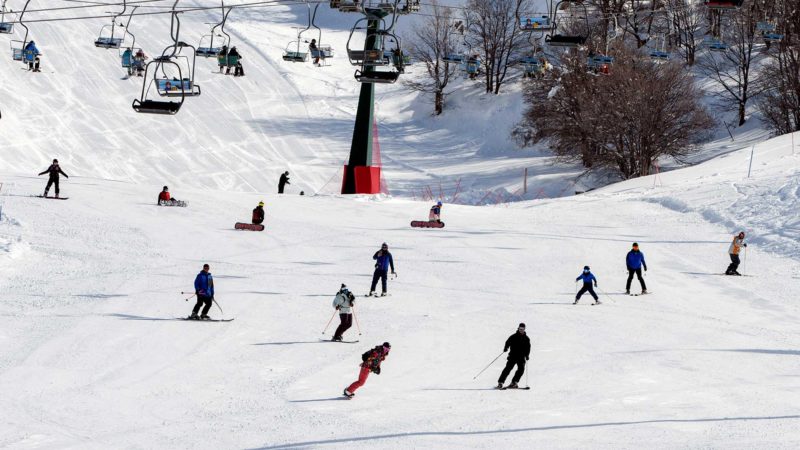 (210222) -- GOLAN HEIGHTS, Feb. 22, 2021 (Xinhua) -- People practice skiing at Mount Hermon ski resort on the first day of its opening this year in the Israeli-occupied Golan Heights, on Feb. 21, 2021. (Ayal Margolin/JINI via Xinhua)