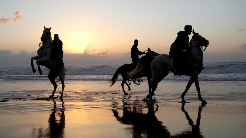 (210312) -- GAZA, March 12, 2021 (Xinhua) -- People enjoy their time during sunset at the seaside in Gaza City, on March 12, 2021. (Photo by Rizek Abdeljawad/Xinhua)