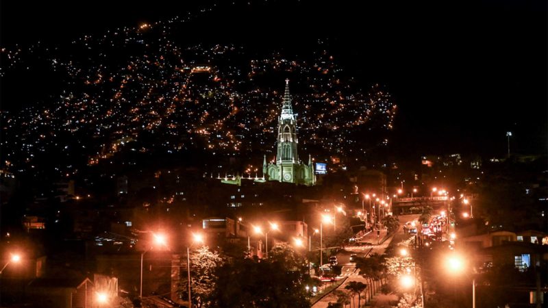 Aerial night view of the Manrique Church during Holy Week in Medellin, Colombia, on March 31, 2021, amid the COVID 19 pandemic. (Photo by JOAQUIN SARMIENTO / AFP)