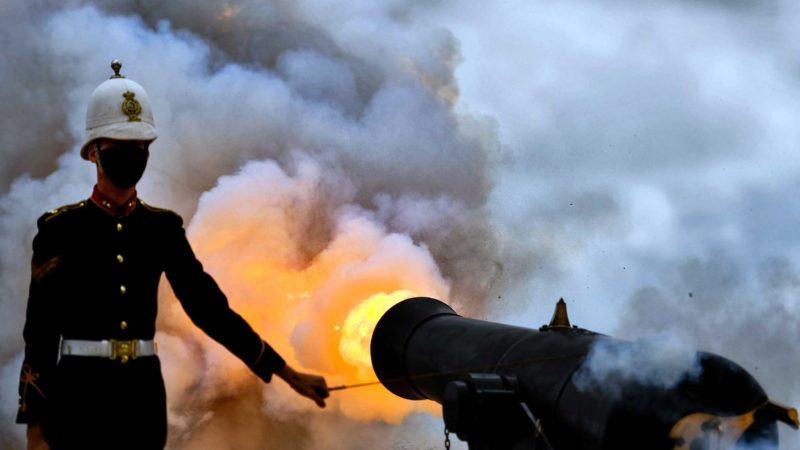 (210417) -- VALLETTA, April 17, 2021 (Xinhua) -- A cannon is fired at the saluting battery during a ceremony as a tribute to the late UK's Prince Philip, in Valletta, Malta, on April 17, 2021. (Photo by Jonathan Borg/Xinhua)