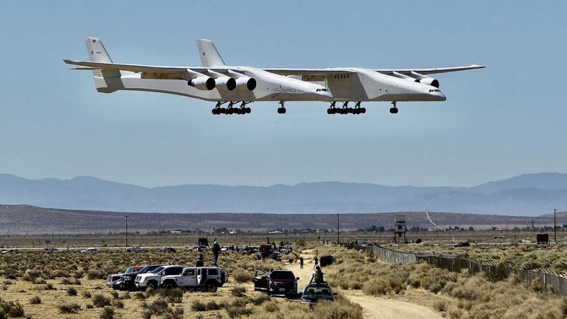 The Stratolaunch aircraft, a six-engine jet with the world's longest wingspan, lands at Mojave Air and Space Port during craft's second flight, Thursday, April 29, 2021 in Mojave, Calif. The gigantic aircraft has flew for the second time in two years. (AP Photo/Matt Hartman)