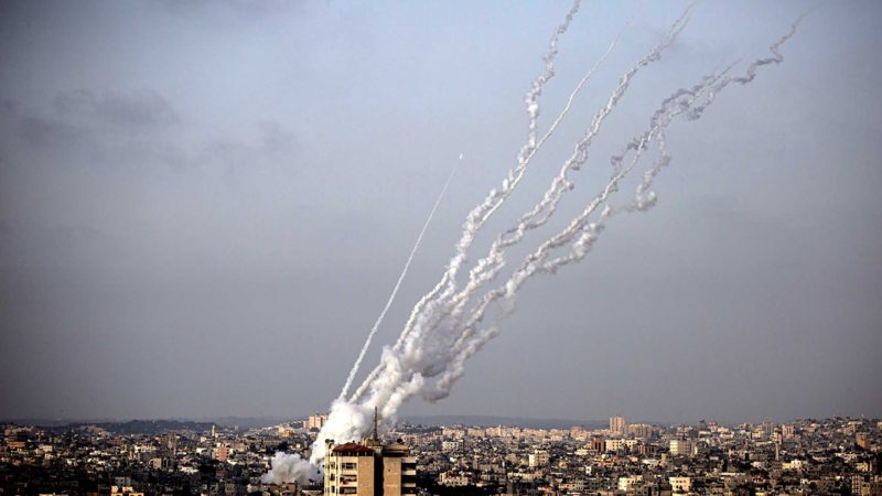 Rockets are launched from the Gaza Strip toward Israel, Monday, May. 10, 2021. (AP Photo/Khalil Hamra)