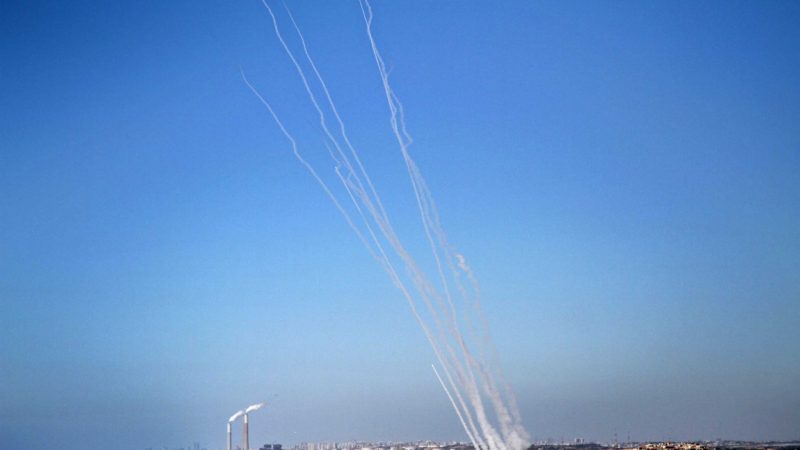 (210518) -- GAZA, May 18, 2021 (Xinhua) -- Photo taken on May 18, 2021 shows rockets being fired from northern Gaza Strip toward Israel. Since the beginning of Israel's military campaign against Hamas last Monday, at least 213 people in the besieged Palestinian enclave have been killed, including 61 children. Meanwhile, in Israel, 12 people were killed, including a five-year-old boy, a soldier, and three foreign nationals. (Photo by Rizek Abdeljawad/Xinhua)