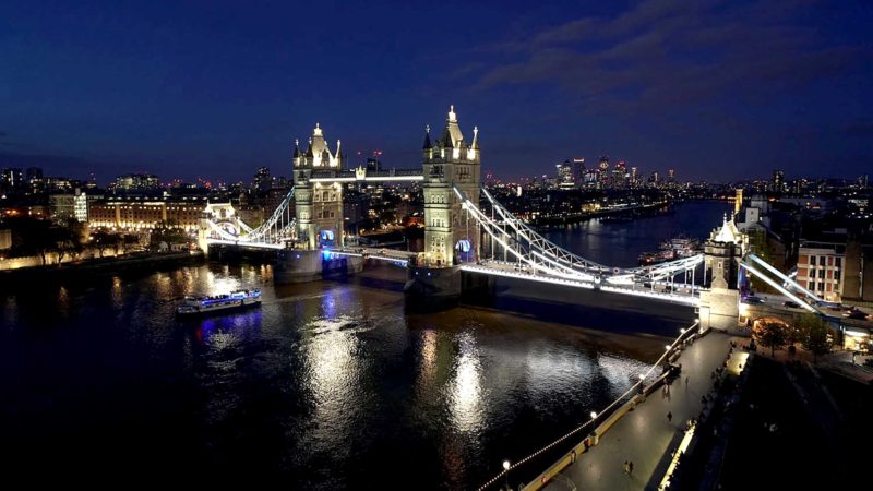 General view of the Tower Bridge, against the backdrop of the skyline of the financial district of Canary Wharf, in London, Saturday, May 8, 2021. Millions of people across Britain have voted on Thursday, in local elections, the biggest set of votes since the 2019 general election. (AP Photo/Alberto Pezzali)