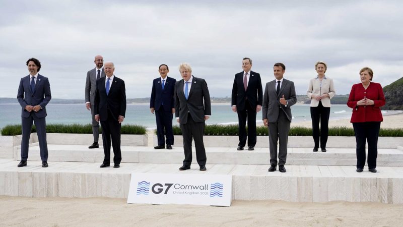 Leaders of the G7 pose for a group photo on overlooking the beach at the Carbis Bay Hotel in Carbis Bay, St. Ives, Cornwall, England, Friday, June 11, 2021. Leaders from left, Canadian Prime Minister Justin Trudeau, European Council President Charles Michel, U.S. President Joe Biden, Japan's Prime Minister Yoshihide Suga, British Prime Minister Boris Johnson, Italy's Prime Minister Mario Draghi, French President Emmanuel Macron, European Commission President Ursula von der Leyen and German Chancellor Angela Merkel. (AP Photo/Patrick Semansky, Pool)