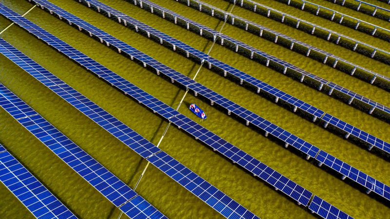 TOPSHOT - This aerial photo taken on July 19, 2021 shows electrical workers in a boat as they check solar panels at a photovoltaic power station built in a fishpond in Haian in China's eastern Jiangsu province. (Photo by STR / AFP) / China OUT