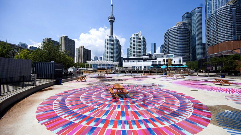 (210714) -- TORONTO, July 14, 2021 (Xinhua) -- A floor mural with spirals, loops and circles is seen during a visual arts exhibition at Hahourfront Center in Toronto, Canada, on July 14, 2021. (Photo by Zou Zheng/Xinhua)