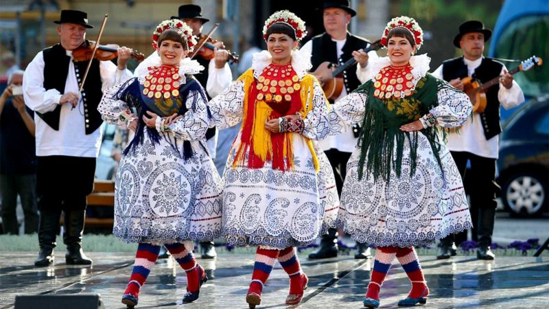 Members of the National Folk Dance Ensemble of Croatia LADO perform on the outdoor summer stage of Croatian National Theater in Zagreb, Croatia, June 16, 2021. (Matija Habljak/Pixsell via Xinhua)