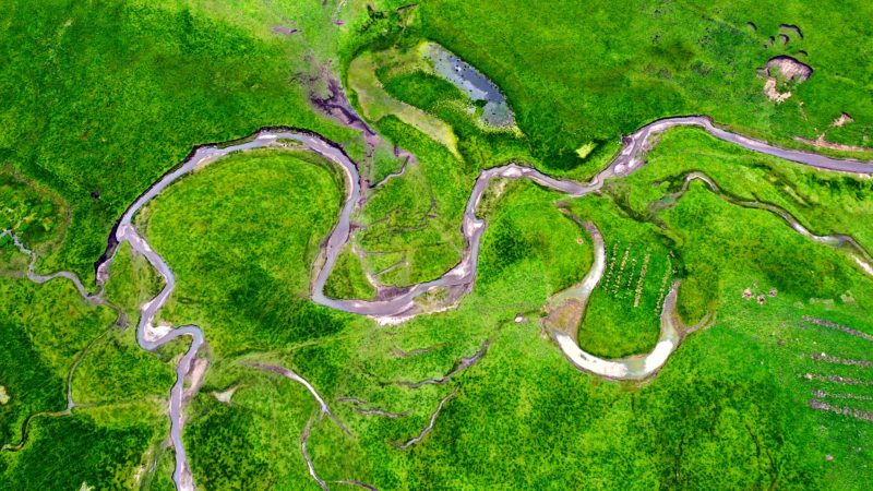 (210716) -- MAQU, July 16, 2021 (Xinhua) -- Aerial photo taken on July 15, 2021 shows the scenery of the Awancang Wetland in Maqu County, Gannan Tibetan Autonomous Prefecture, northwest China's Gansu Province. (Xinhua/Ma Sha)