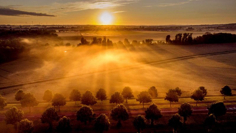 The sun rises over fog covered field on the outskirts of Frankfurt, Germany, early Tuesday, July 6, 2021. (AP Photo/Michael Probst)