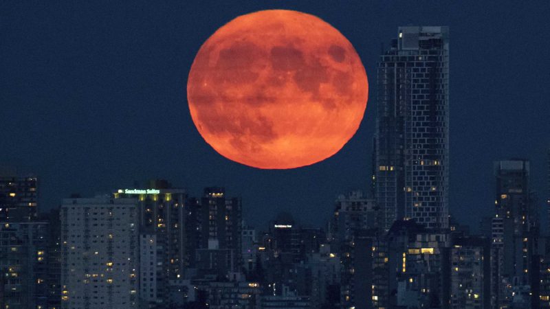 A full moon rises behind the downtown skyline as One Burrard Place, right, a condo and rental home tower under construction which will be the city's third tallest building, is seen in Vancouver, British Columbia, on Friday, July 23, 2021. (Darryl Dyck/The Canadian Press via AP)