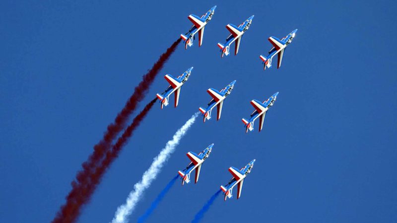 Patrouille de France of Armée de l'Air et de l'Espace perform at the Kaivopuisto Airshow in Helsinki, Finland, on Aug. 6, 2021. The Kaivopuisto Airshow 2021 was held here on Friday evening. (Photo by Matti Matikainen/Xinhua)