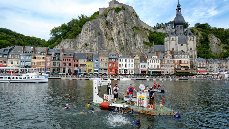 (210816) -- DINANT, Aug. 16, 2021 (Xinhua) -- Participants attend the International Bathtub Regatta on the Meuse River in Dinant, Belgium, on Aug. 15, 2021. Starting in 1982, participants vie to create the most impressive bathtub-based craft and compete in the 1km regatta down the Meuse River in Dinant on Aug. 15 each year. This year's event has been downsized due to the COVID-19 pandemic. (Xinhua/Zhang Cheng)