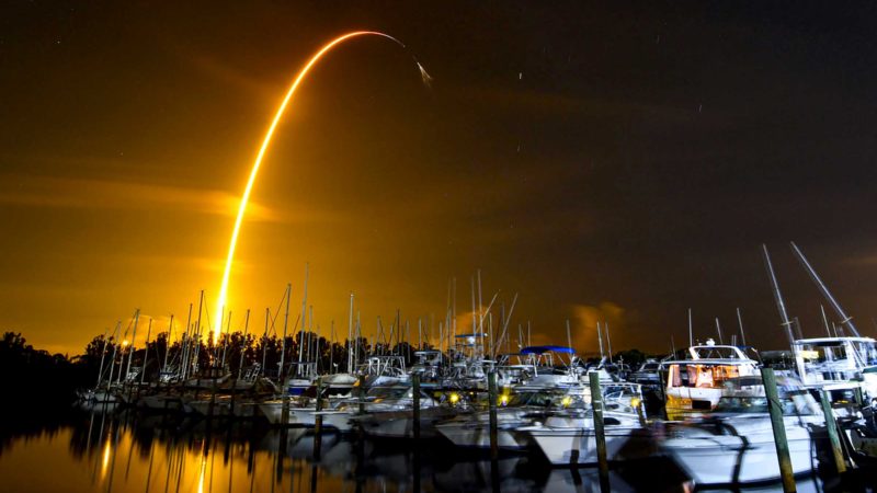 This long exposure photo shows the launch of a SpaceX Falcon 9 rocket on a resupply mission for NASA to the International Space Station from Pad 39A at Kennedy Space Center, seen from Merritt Island, Fla., Sunday, Aug. 29, 2021. The SpaceX shipment of ants, avocados and a human-sized robotic arm rocketed toward the International Space Station on Sunday. (Malcolm Denemark/Florida Today via AP)