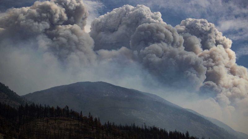 A pyrocumulus cloud, also known as a fire cloud, produced by the Lytton Creek wildfire rises into the sky from the fire burning in the mountains above Lytton, British Columbia, on Sunday, Aug. 15, 2021. (Darryl Dyck/The Canadian Press via AP)