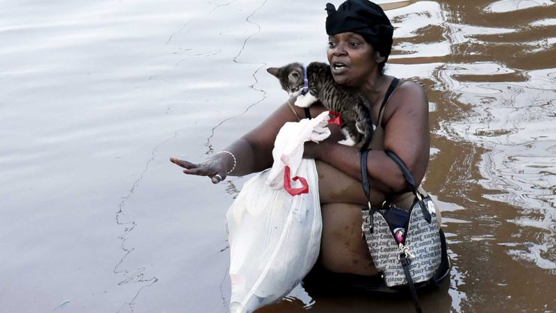 A woman carries a cat and her belongings through floodwater in Manville, NJ, Thursday, Sept. 2, 2021, in the aftermath of Hurricane Ida. A stunned U.S. East Coast has woken up to a rising death toll, surging rivers and destruction after the remnants of Hurricane Ida walloped the region with record-breaking rain. (AP Photo/Carlos Gonzalez)