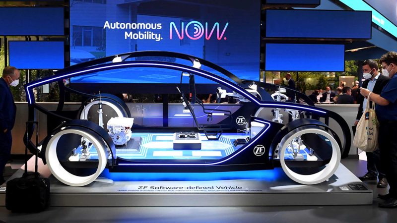 The booth of ZF Software company for autonomous mobility is seen during the International Motor Show (IAA), on September 7, 2021 in Munich, southern Germany. - Germany's revamped IAA auto show, one of the world's largest, officially opens in Munich on September 7, for a celebration of all things car-related, but climate concerns and pandemic woes threaten to spoil the party. (Photo by Christof STACHE / AFP)