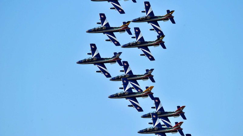 (210918) -- RIVOLTO (ITALY), Sept. 18, 2021 (Xinhua) -- The Italian Frecce Tricolori aerobatic squad performs during an airshow in Rivolto, Italy, on Sept. 18, 2021. The Italian Air Force held the airshow to mark the 60th anniversary of the Frecce Tricolori here on Saturday. (Str/Xinhua)