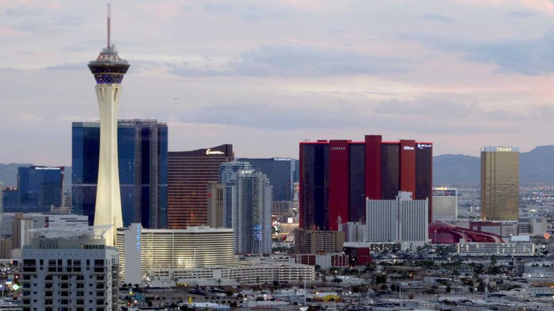 LAS VEGAS, NEVADA - OCTOBER 06: A view of hotel-casinos including The STRAT Hotel, Casino & SkyPod, Encore Las Vegas, Resorts World Las Vegas, the Circus Circus Las Vegas and the Trump International Hotel & Tower as seen from the Legacy Club on the 60th floor of Circa Resort & Casino on October 6, 2021 in Las Vegas, Nevada.   Ethan Miller/Getty Images/AFP  == FOR NEWSPAPERS, INTERNET, TELCOS & TELEVISION USE ONLY ==