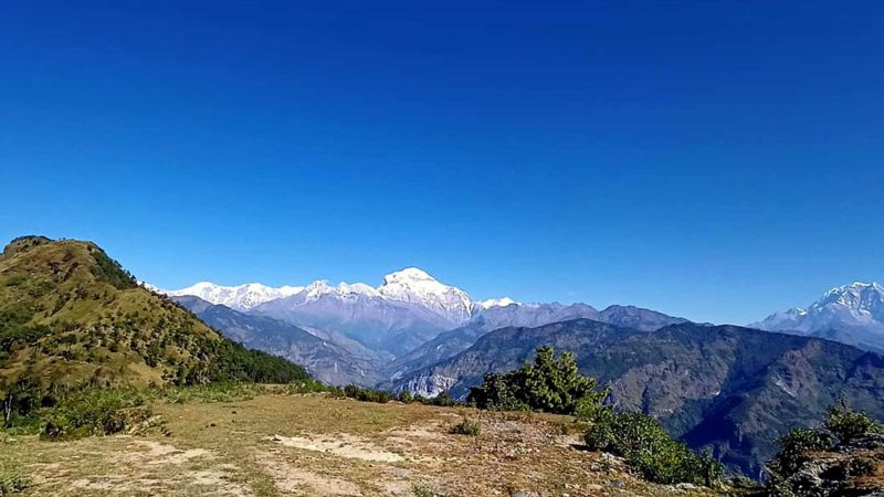 म्याग्दीको बेनी नगरपालिका– ५ स्थित पुलाचौरको गाजनेबाट देखिएको धौलागिरि हिमशृङखलाको दृश्य । तस्वीर : ध्रुवसागर शर्मा/रासस