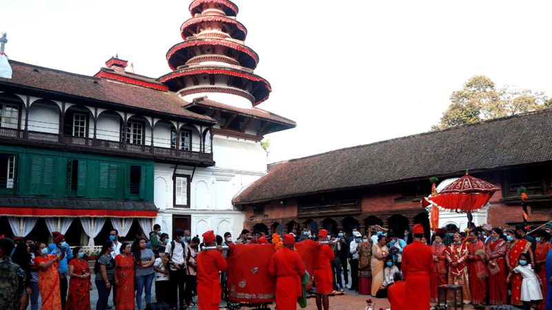 गोरखाबाट ल्याइएको फूलपाती हनुमानढोकामा भित्रयाउँदै । तस्वीर : प्रदीपराज वन्त/रासस