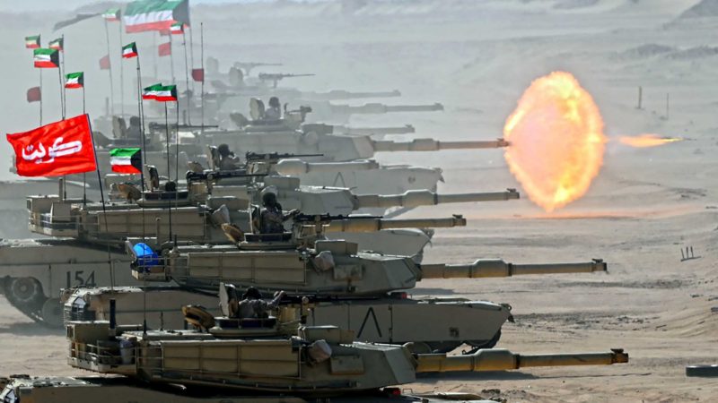 JAHRA (KUWAIT), Nov. 18, 2021 (Xinhua) -- Tanks take part in the "Gulf Shooting 2021" exercise in Jahra Governorate, Kuwait, on Nov. 18, 2021. Kuwait concluded on Thursday the "Gulf Shooting 2021" exercise with the participation of Saudi and U.S. forces, said Sheikh Thamer Al-Ali Al-Sabah, Kuwaiti Interior Minister and Acting Defense Minister. (Photo by Asad/Xinhua)