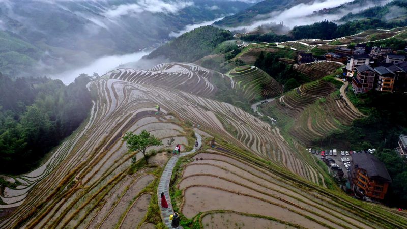 (211230) -- NANNING, Dec. 30, 2021 (Xinhua) -- Aerial photo taken on May 21, 2021 shows Heping Village of Guilin, where tourist industry is developed well, south China's Guangxi Zhuang Autonomous Region. As Guangxi consolidates its achievements in poverty alleviation and goes all out for rural revitalization, fostering rural industries is of great significance of advancing income growth of rural residents. (Xinhua/Zhou Hua)